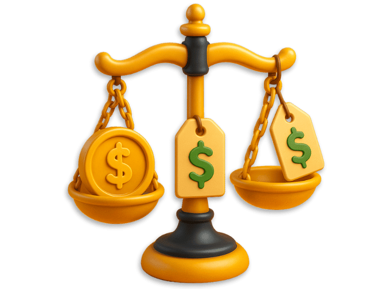 3D icon scales of justice with dollar symbols and price tags, representing the cost of legal funding.
