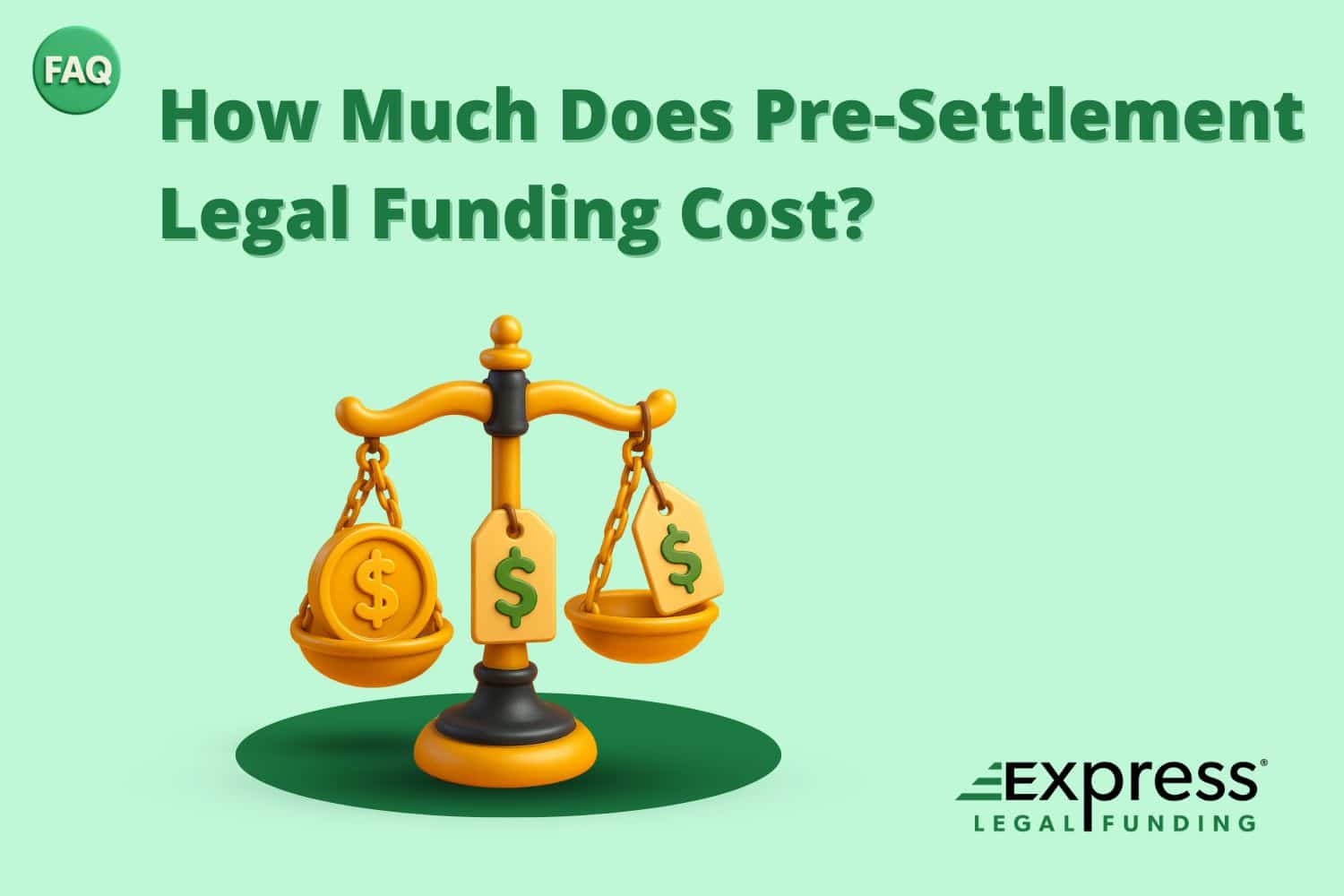 3D illustration of golden scales of justice with green dollar signs and price tags, positioned below the title “How Much Does Pre-Settlement Legal Funding Cost?” on a pastel green background.
