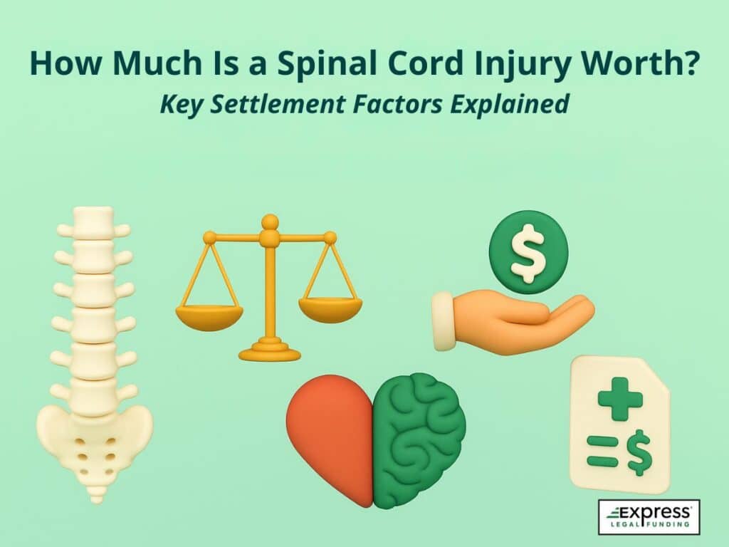 Graphic showing key spinal cord injury lawsuit settlement factors with 3D icons: spine, justice scale, medical bill, dollar in hand, and heart-brain symbol.
