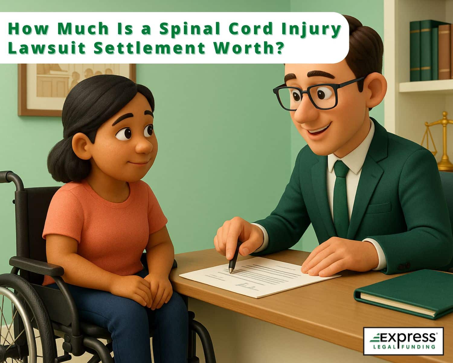 Woman in a wheelchair reviewing a spinal cord injury settlement with her attorney in a law office.