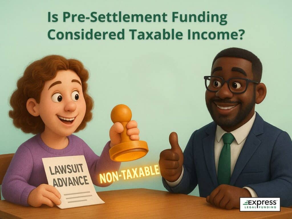 Smiling woman holding a “Lawsuit Advance” paper stamped “Non-Taxable” next to a suited man giving a thumbs up, highlighting tax-exempt lawsuit funding.
