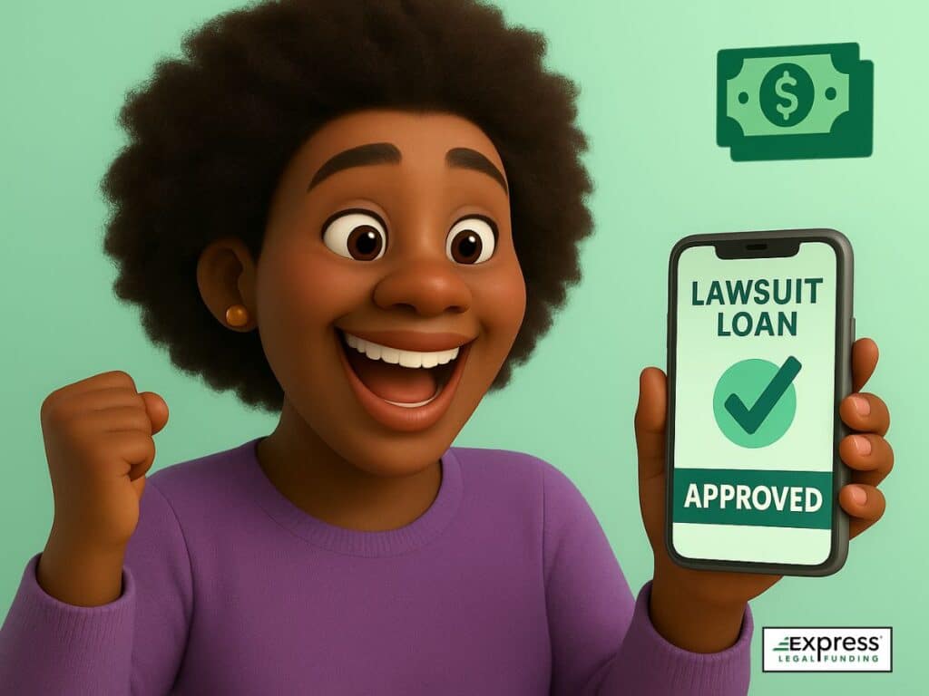 Woman celebrates while holding a phone displaying "Lawsuit Loan Approved".