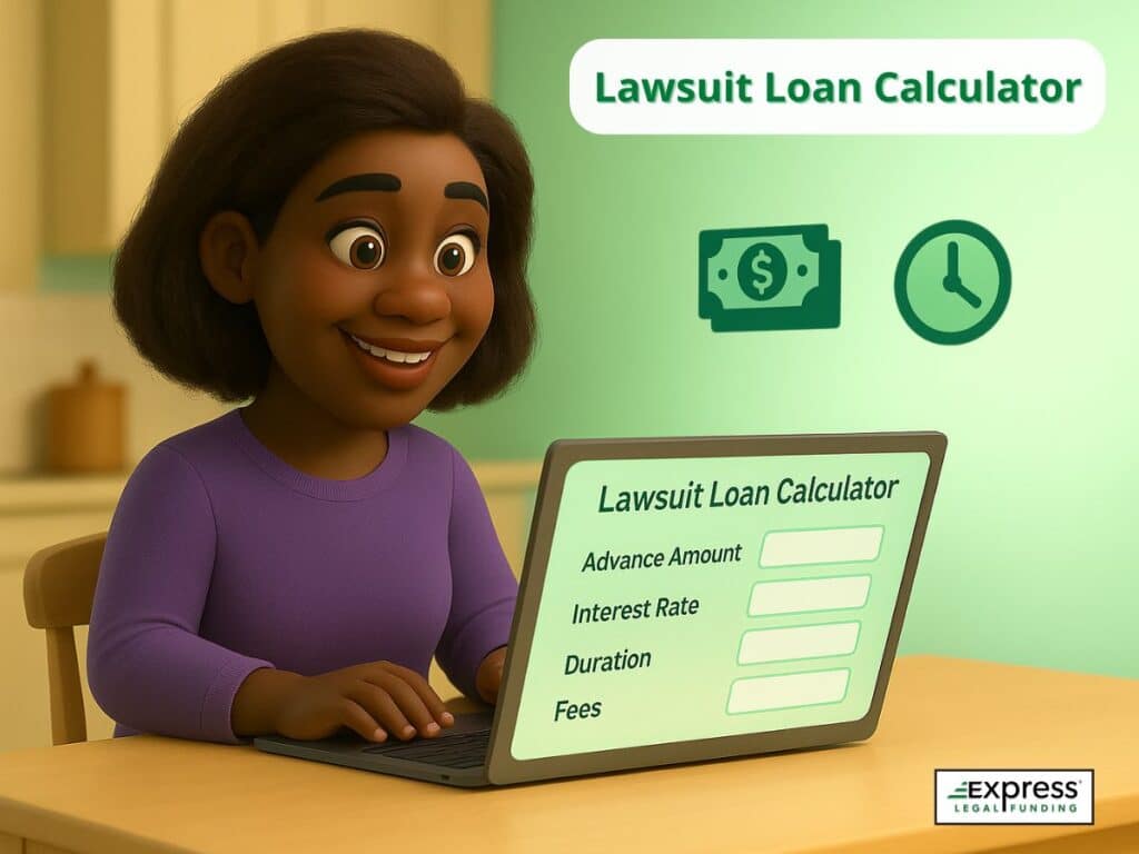 Woman inputs data into a lawsuit loan calculator on a laptop at home.