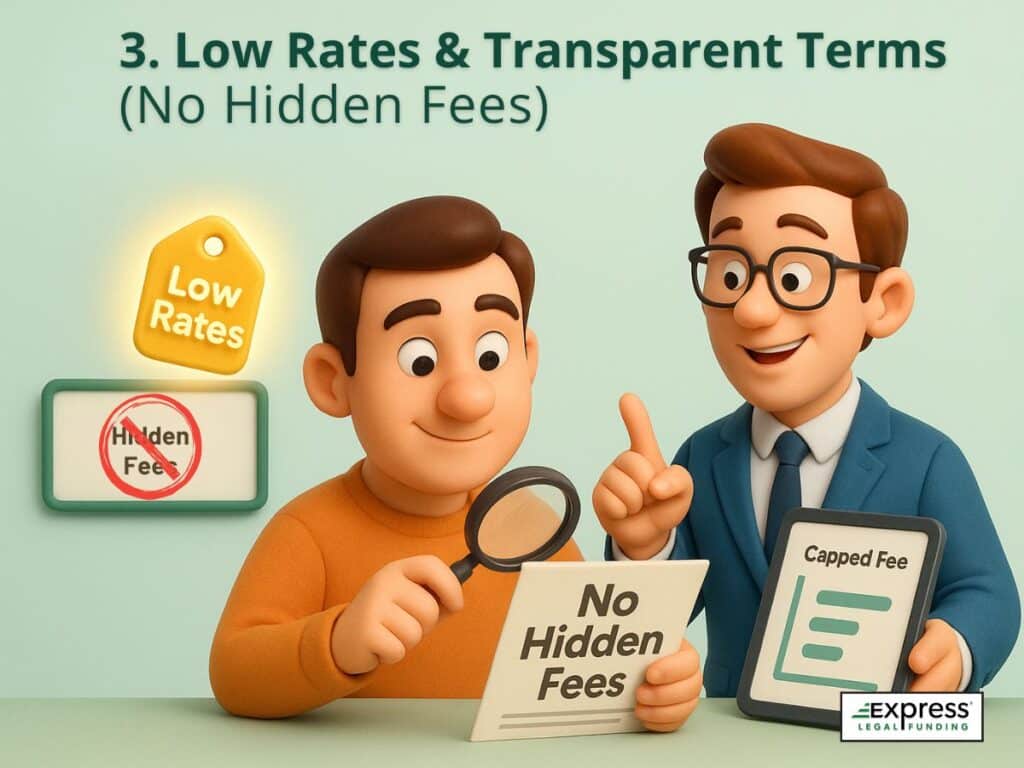 A client examines a 'No Hidden Fees' sign with a magnifying glass while an advisor shows a 'Capped Fee' chart, surrounded by icons representing low rates and fairness.