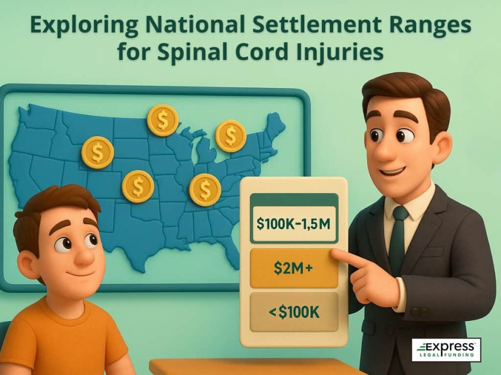 A lawyer explaining spinal cord injury lawsuit payout ranges across the United States, with dollar markers on a U.S. map.