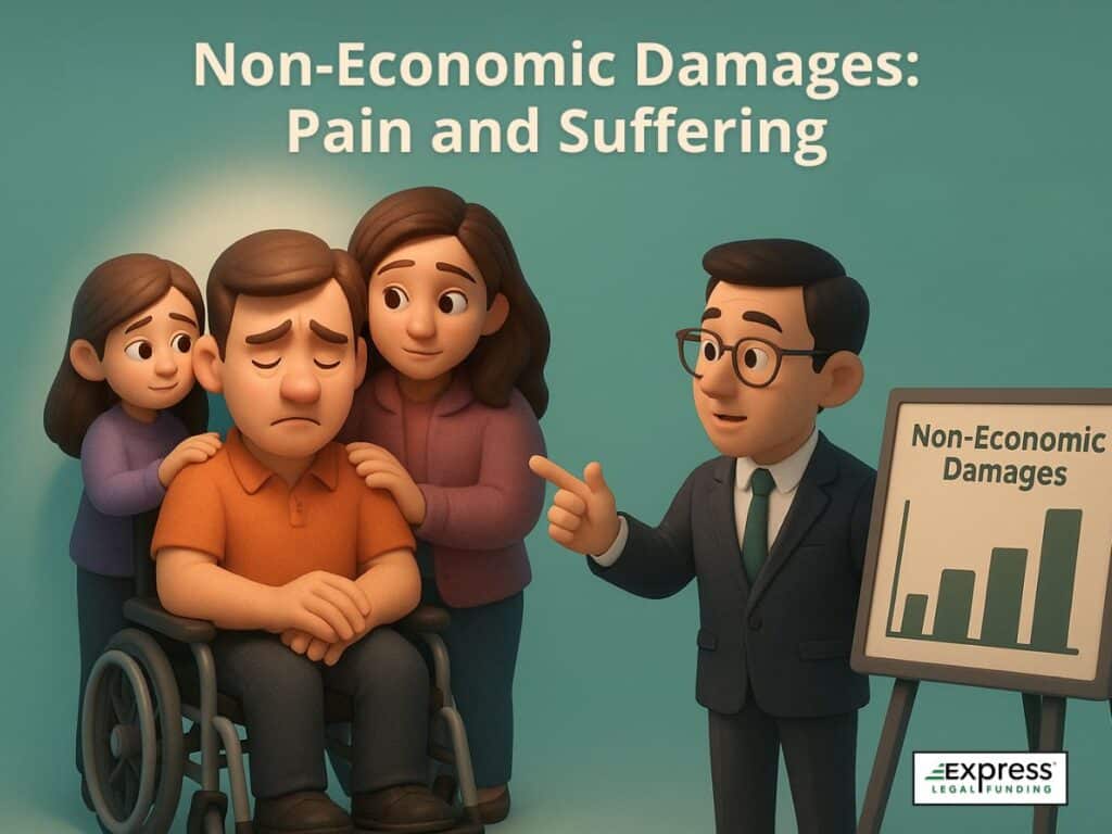 Family comforting a spinal injury victim in a wheelchair as an attorney explains non-economic damages using a pain and suffering chart.