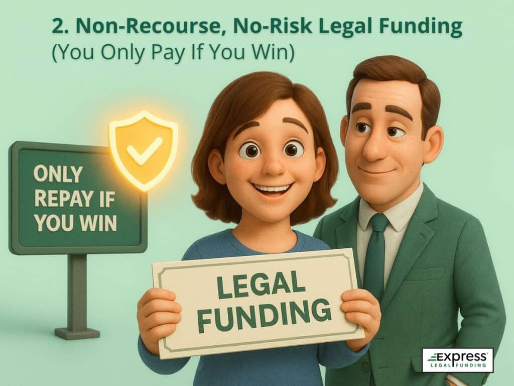 Smiling plaintiff holding a legal funding sign with a glowing shield icon and a board behind them that says 'Only Repay If You Win', standing beside a supportive advisor in a green suit.