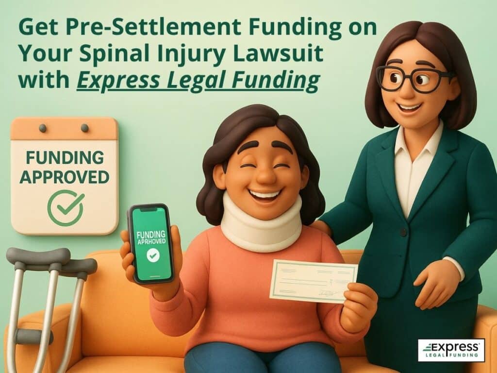 Injured woman holding a check and smiling with her lawyer after receiving spinal injury lawsuit funding from Express Legal Funding.