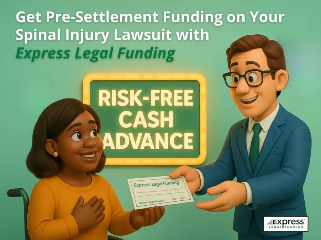 Attorney handing a pre-settlement funding check to a smiling spinal cord injury client in a wheelchair under a sign that says Risk-Free Cash Advance.