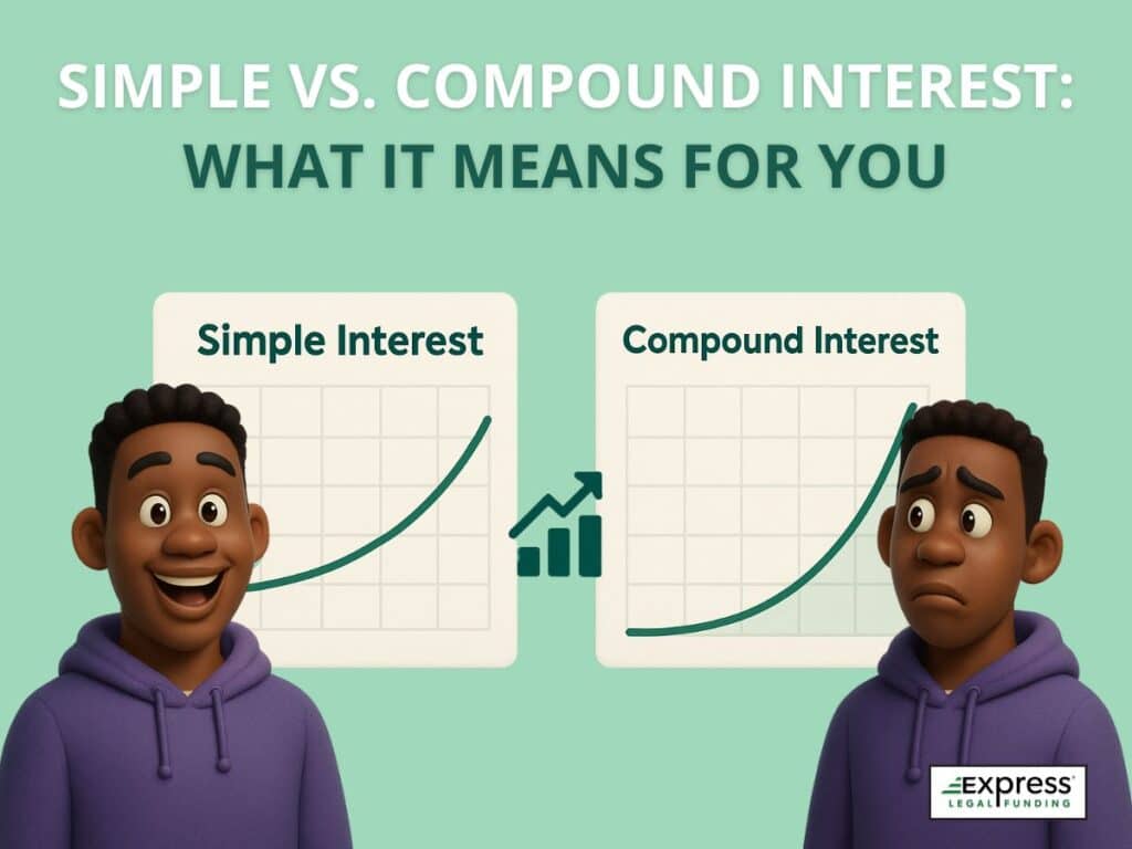Two characters with charts showing how simple and compound interest affect legal funding repayment differently.