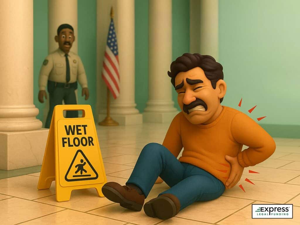 Man injured in slip and fall on wet floor inside government building, holding lower back in pain with warning sign and security officer in background.