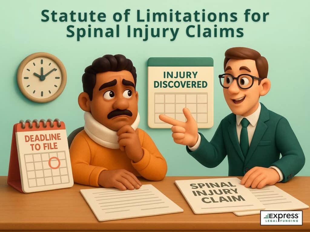 Man with neck brace sits at a desk beside a calendar marked 'Deadline to File' and a lawyer pointing to 'Injury Discovered' chart. Legal forms labeled 'Spinal Injury Claim' are on the desk.