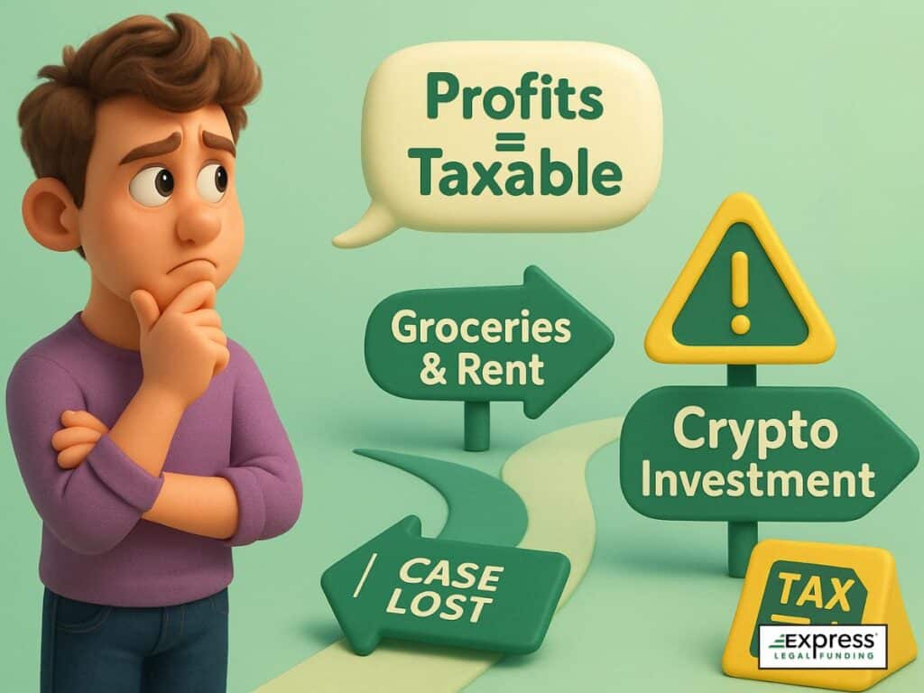 Man considering how using pre-settlement funding for crypto investments may trigger taxes, with signs for groceries, rent, and lost case showing tax-free paths.