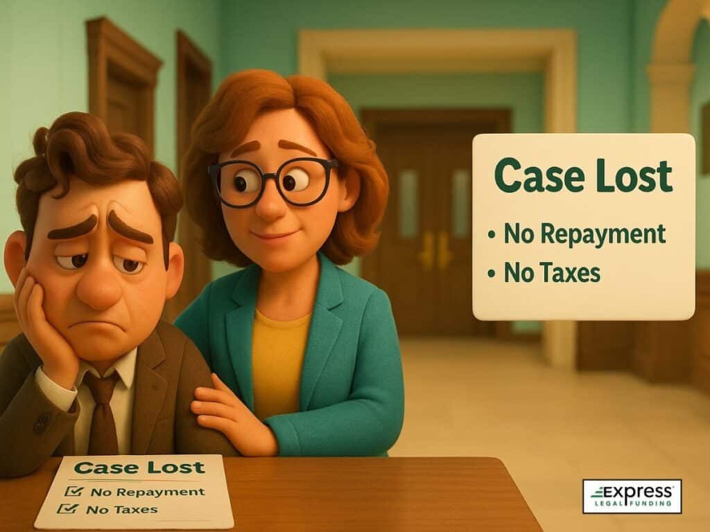 Man and woman in a courthouse with a sign that reads “Case Lost – No Repayment, No Taxes,” illustrating non-recourse legal funding.