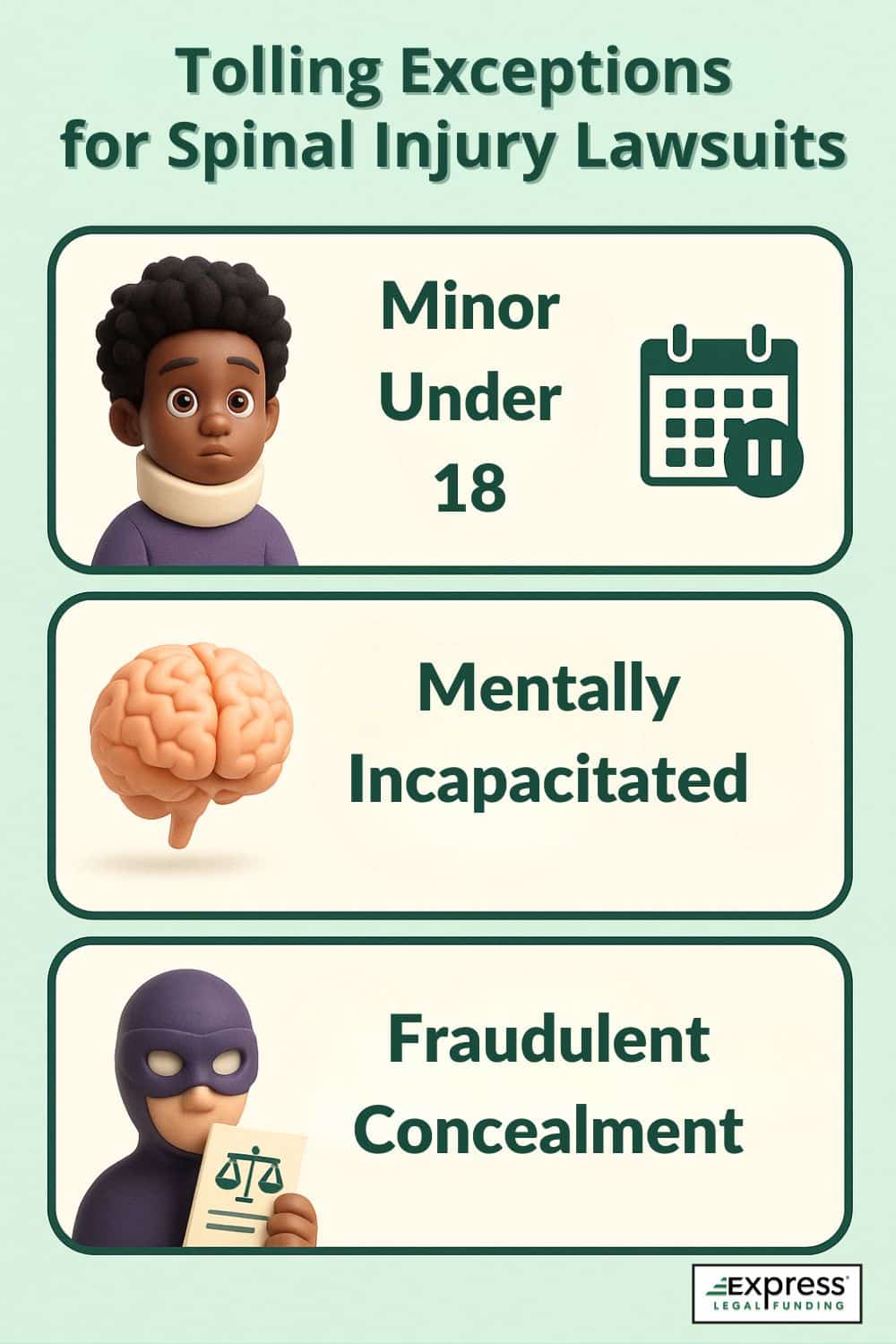Infographic showing three tolling exceptions for spinal injury lawsuits: minor under 18, mentally incapacitated, and fraudulent concealment, with illustrated characters and icons.