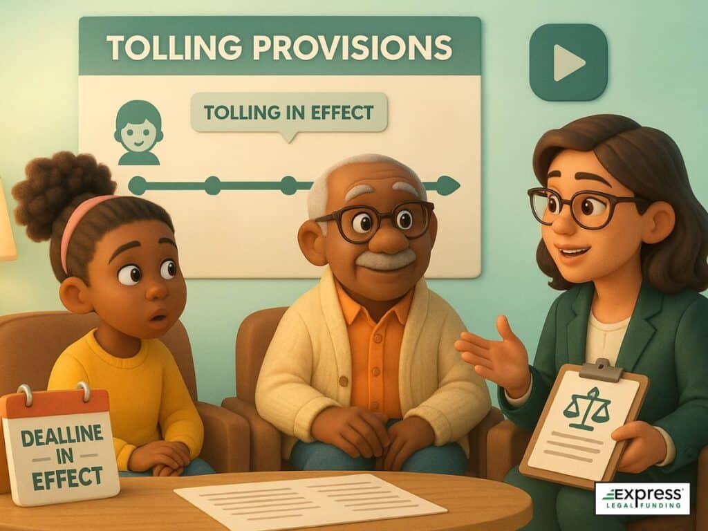 Lawyer explains tolling provisions to family as a chart shows timeline suspension. 'Deadline in Effect' sign and scales of justice icon included.