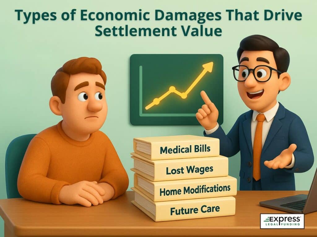 Attorney explaining types of economic damages like medical bills, lost wages, home modifications, and future care that drive spinal injury settlement value.