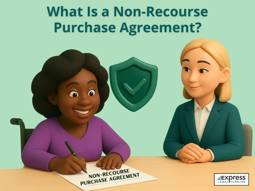 A smiling woman signing a document labeled “Non-Recourse Agreement” while sitting across from a legal professional.