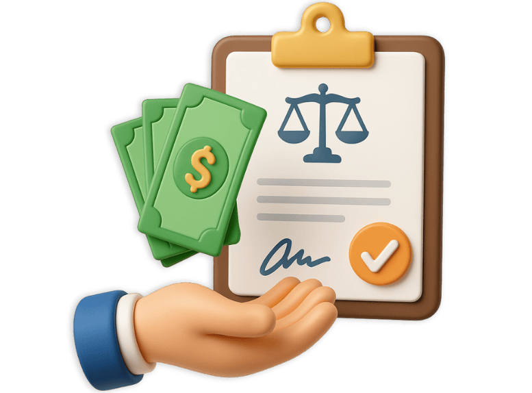 3D icon of a hand receiving cash in front of a signed legal contract on a clipboard, featuring a justice scale symbol and an approved checkmark—representing what is legal funding and how it provides risk-free advances during a lawsuit.