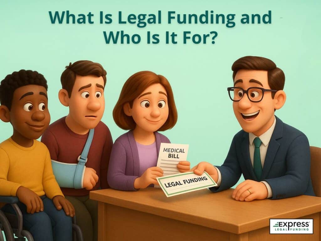 A friendly legal funding representative explains financial options to an injured group of plaintiffs, including a woman holding a "medical bill" and a "legal funding" sign, illustrating who legal funding helps.