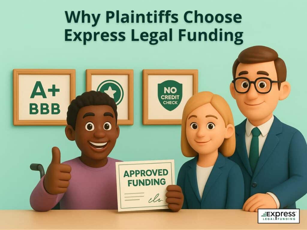 Happy plaintiff holding an “Approved Funding” sign with two Express Legal Funding team members, framed by icons showing A+ BBB rating, no credit check, and client trust, why plaintiffs choose Express Legal Funding.