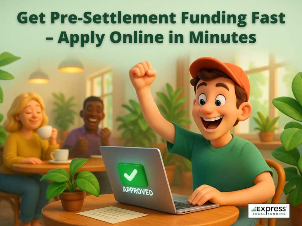 Smiling man raising his fist in excitement after online pre-settlement funding approval, with a laptop showing a green checkmark and the word ‘Approved’.