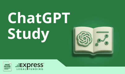 Express Legal Funding press release graphic for ChatGPT Study with 3D open book and AI data icon.