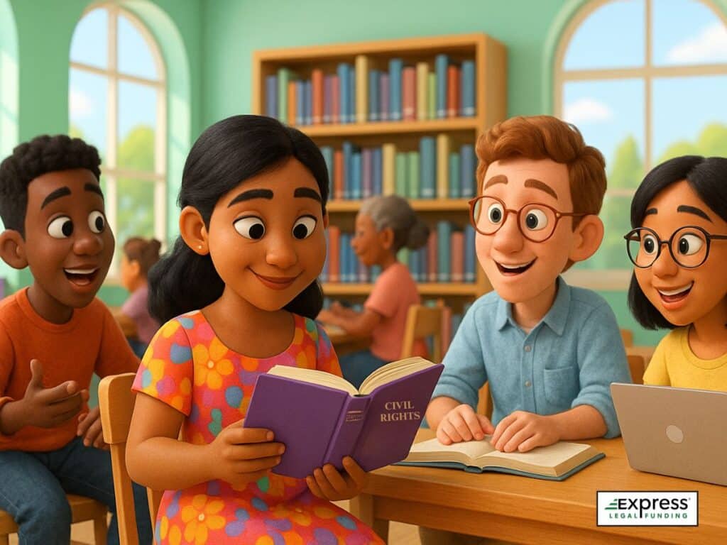 3D illustration of diverse students reading a civil rights book together in a bright library, symbolizing education and equal opportunity.