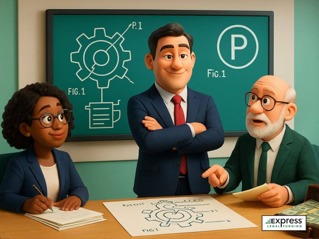 Illustration of a technology company’s legal team in a corporate boardroom, reviewing patent infringement case documents with a litigation funder, stacks of money on the table.