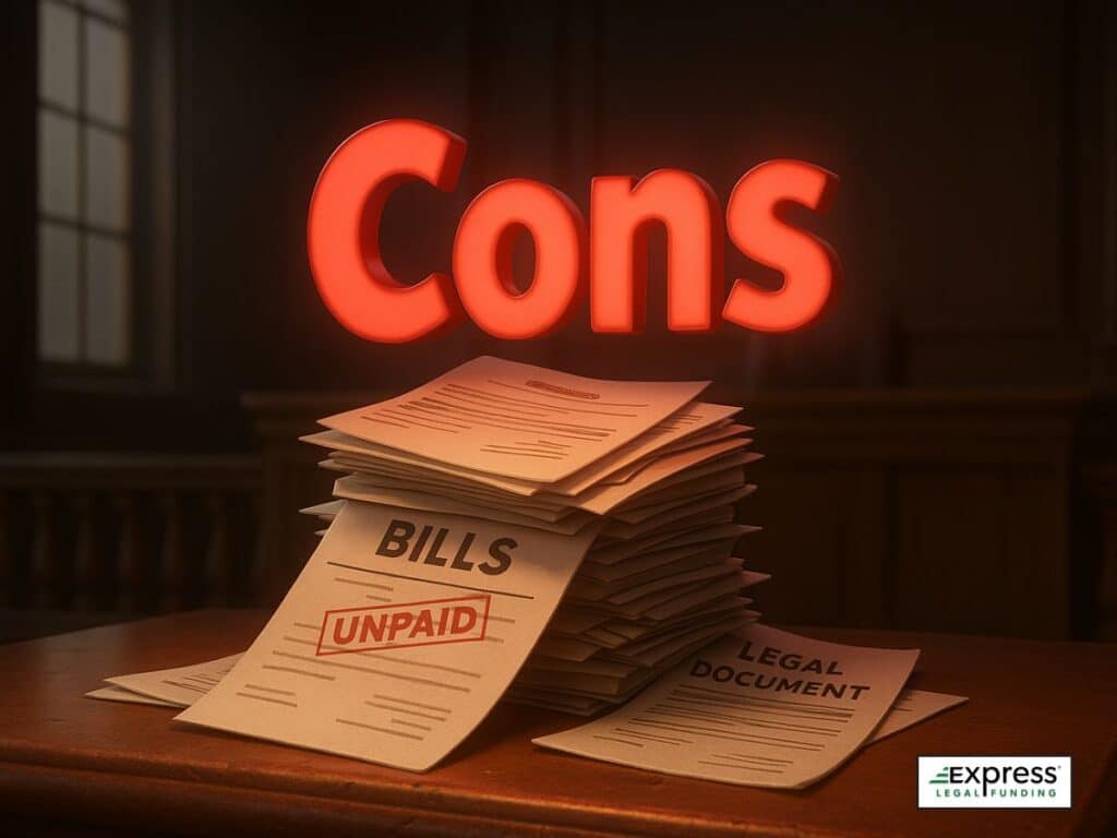 3D illustration with the word 'Cons' glowing red above unpaid bills and legal documents in a courtroom, symbolizing the drawbacks of pre-settlement funding.