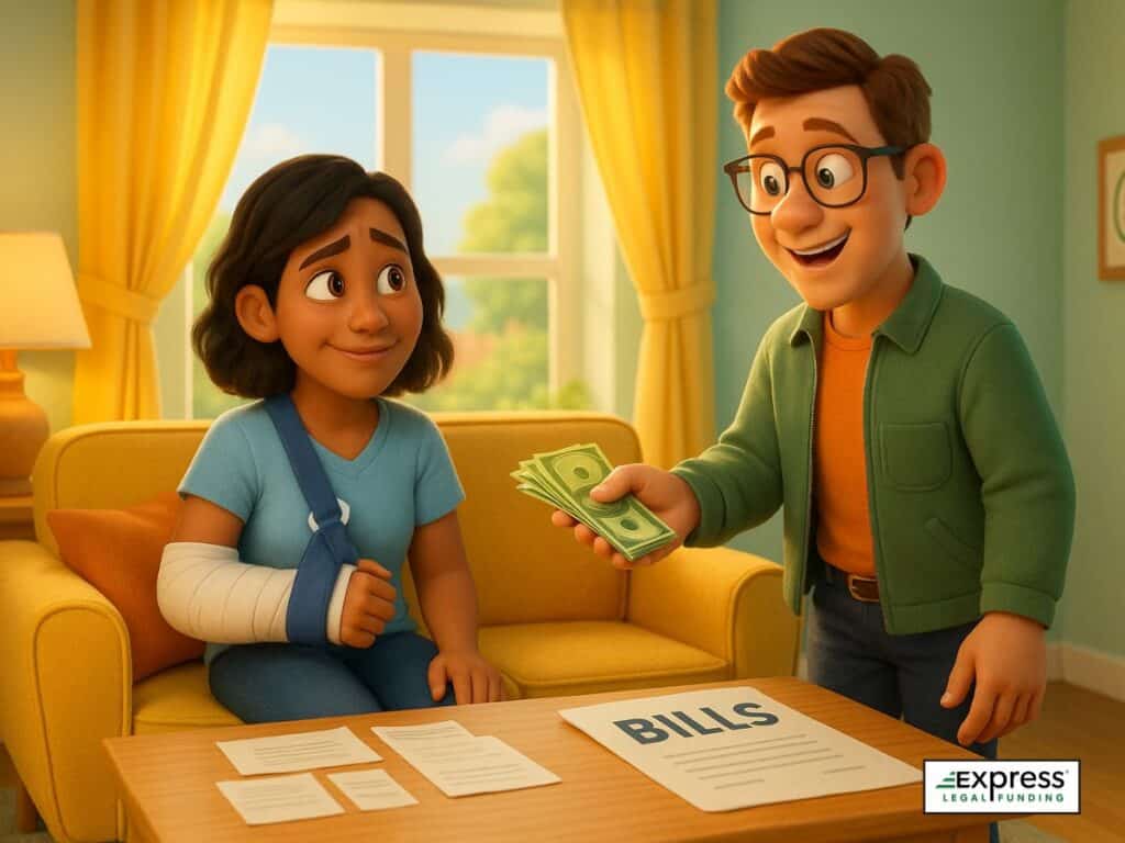 Illustration of an injured plaintiff with an arm cast receiving cash in a cozy living room, medical bills on a side table, and sunlight streaming through the window.