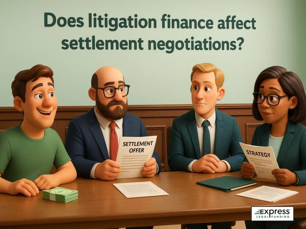 Courtroom negotiation scene with attorneys and clients discussing settlement offers, a relaxed plaintiff, a corporate representative with a litigation funder.