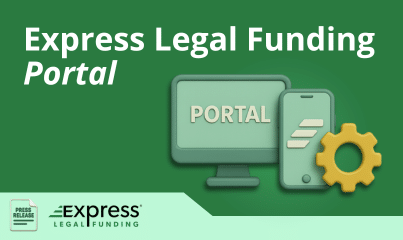 Express Legal Funding Portal and App press release graphic with 3D computer and smartphone icons.