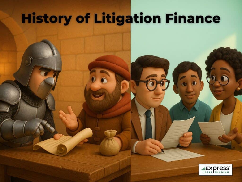 Illustration of the history of litigation finance, from medieval agreements between a knight and noble to modern legal funding discussions at a table.