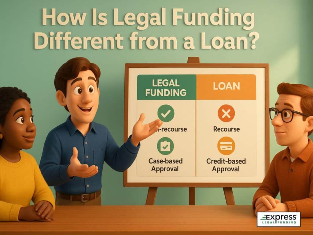 Illustration comparing legal funding and loans, showing legal funding as non-recourse and case-based approval versus loans as recourse and credit-based approval, with people discussing differences.