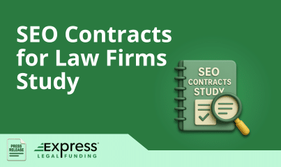 Express Legal Funding press release graphic for SEO Contracts Study for law firms with 3D contract and magnifying glass icon.
