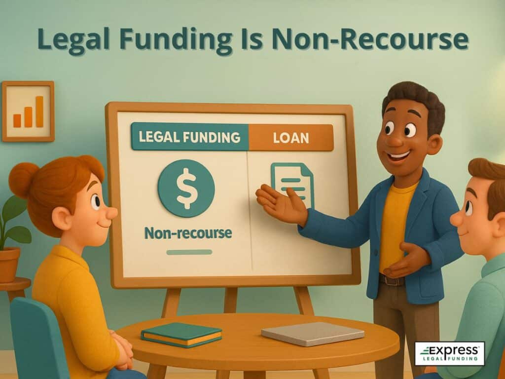 Illustration showing a presenter explaining that legal funding is non-recourse compared to loans, with two people listening. A comparison board highlights "Legal Funding: Non-recourse" versus "Loan".