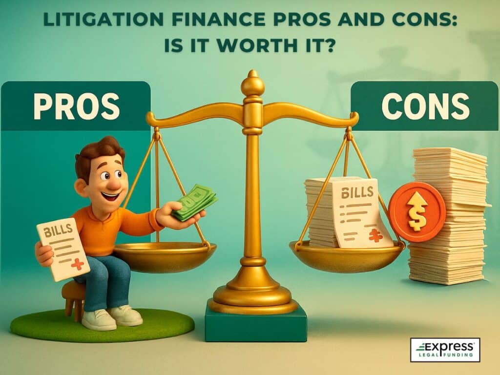 lit-screen illustration showing the benefits of litigation finance on one side and potential drawbacks on the other, with money, documents, and scales of justice.