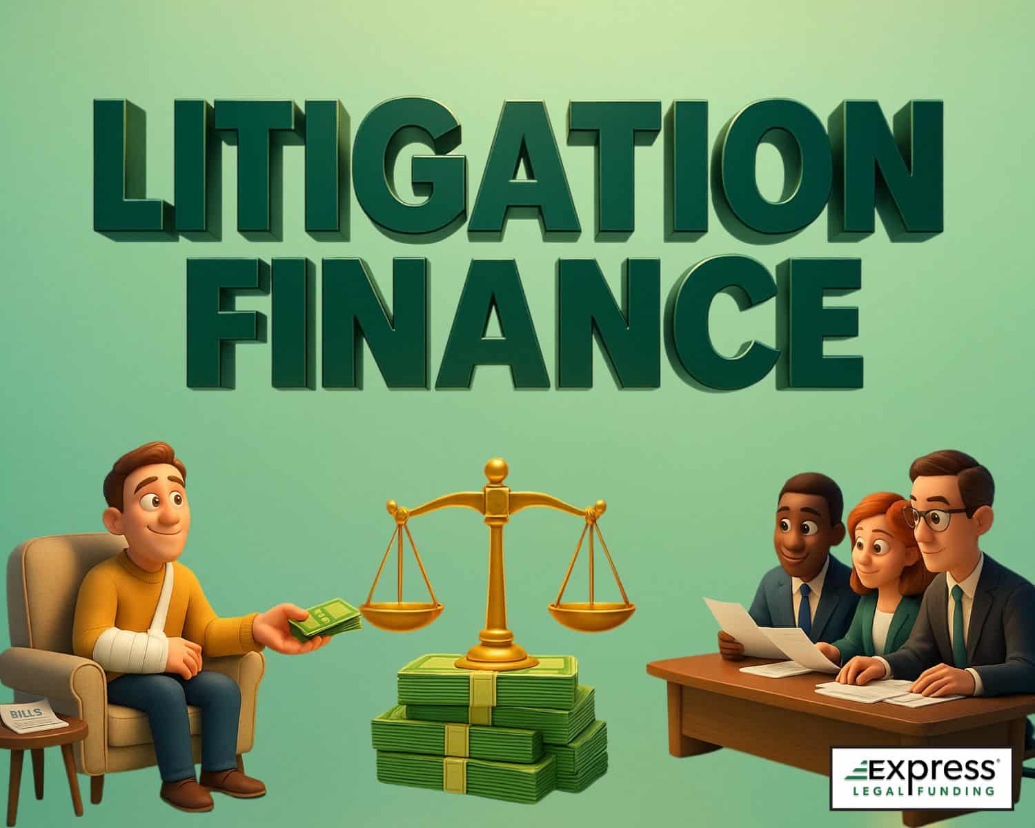 Illustration of “LITIGATION FINANCE” in bold green letters with a plaintiff receiving cash, lawyers reviewing documents, and golden scales of justice stacked with money in the center, on a green background.