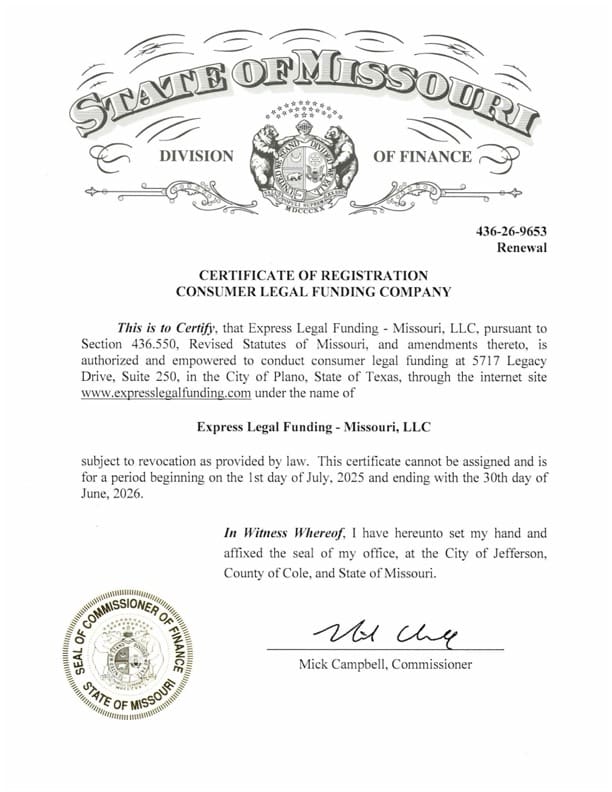 Express Legal Funding Missouri consumer legal funding company license.