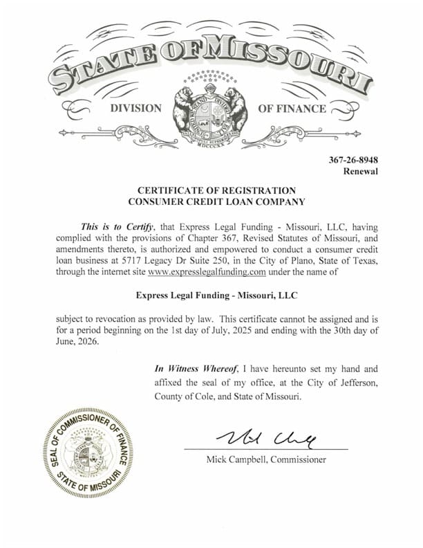 Express Legal Funding Missouri consumer credit loan company certificate of registration.