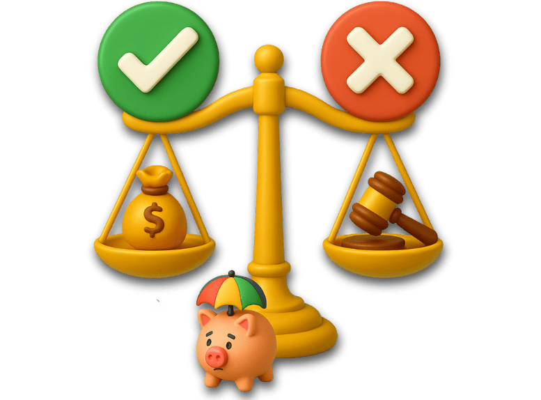 Icon for “What Are the Pros and Cons of Pre-Settlement Funding,” showing a 3D justice scale with a money bag on one side and a gavel on the other.