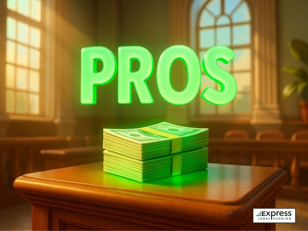 3D illustration with the word Pros glowing green above a stack of cash in a courtroom, symbolizing the benefits of pre-settlement funding.