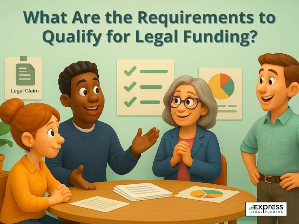 Group of diverse people discussing legal funding requirements around a table with charts and documents, highlighting qualification criteria for pre-settlement funding.