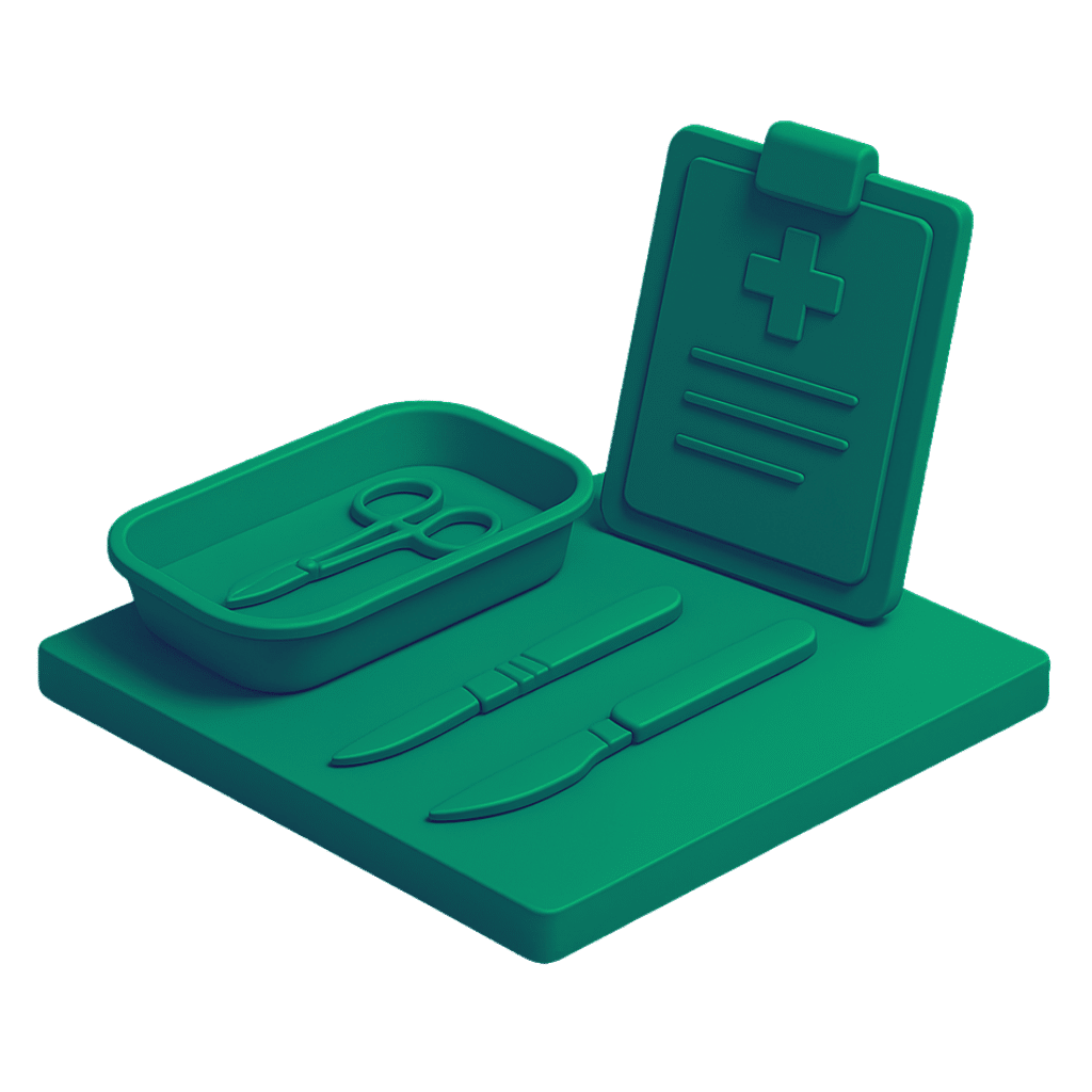 3D icon of surgical tools on a tray beside a medical clipboard, depicting surgical error malpractice cases.