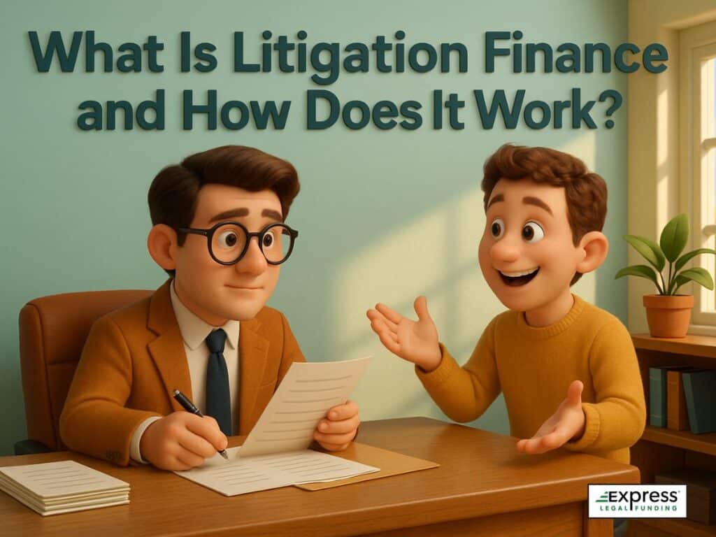 scene of a plaintiff and attorney discussing litigation funding, stacks of money, and a simple diagram illustrating the funding process.