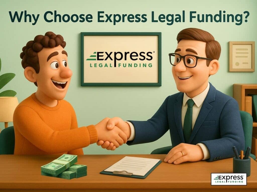 Client shaking hands with a representative from Express Legal Funding, symbolizing trust, fast approval, and financial support with cash on the table.