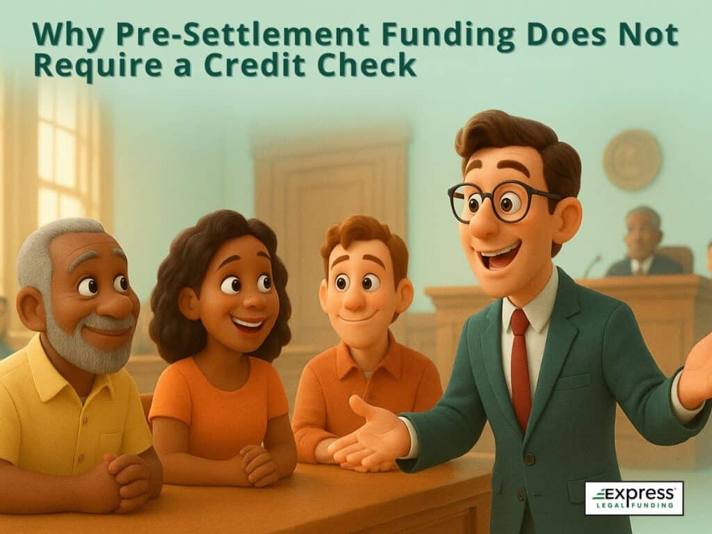 Lawyer explaining to happy clients in a courtroom why pre-settlement legal funding requires no credit check โ Express Legal Funding.