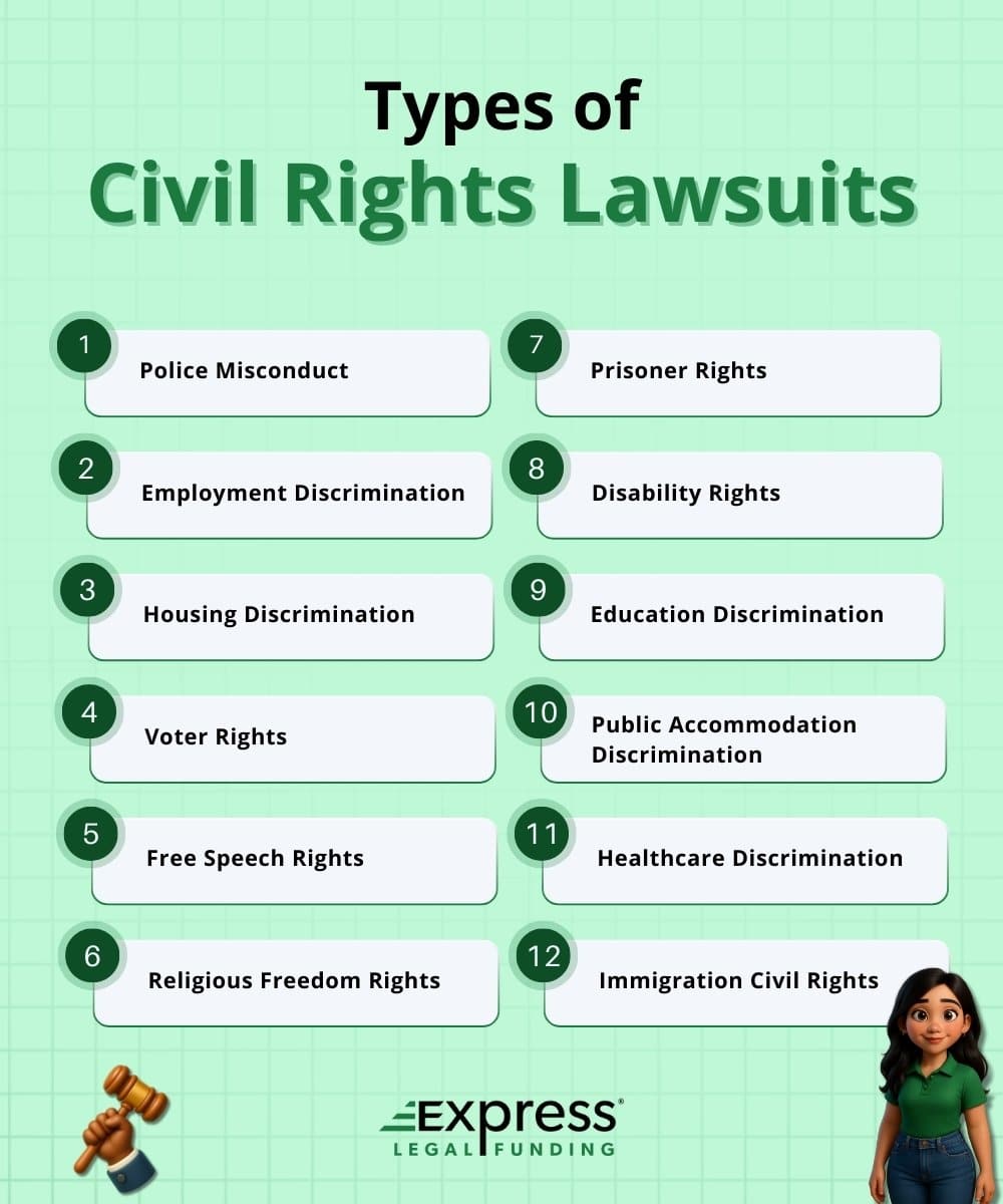 Infographic showing 12 types of civil rights lawsuits, including police misconduct, employment discrimination, housing discrimination, voter rights, free speech, religious freedom, prisoner rights, disability rights, education discrimination, public accommodation discrimination, healthcare discrimination, and immigration rights.