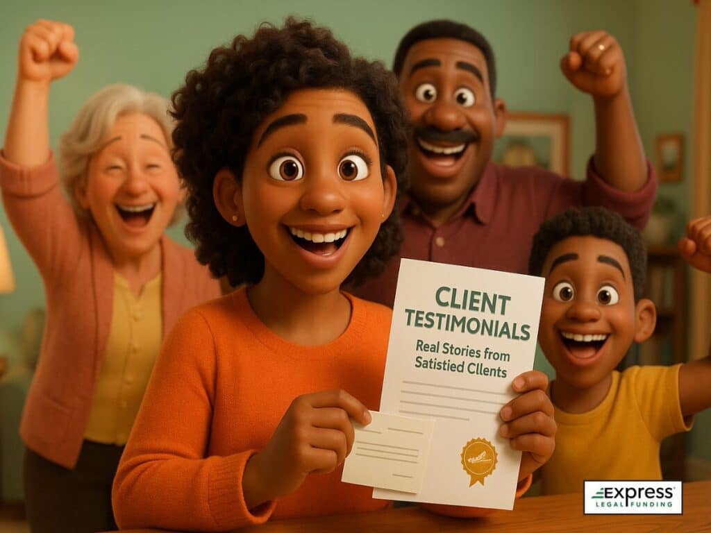 Happy clients celebrating while holding a testimonial for Express Legal Funding.